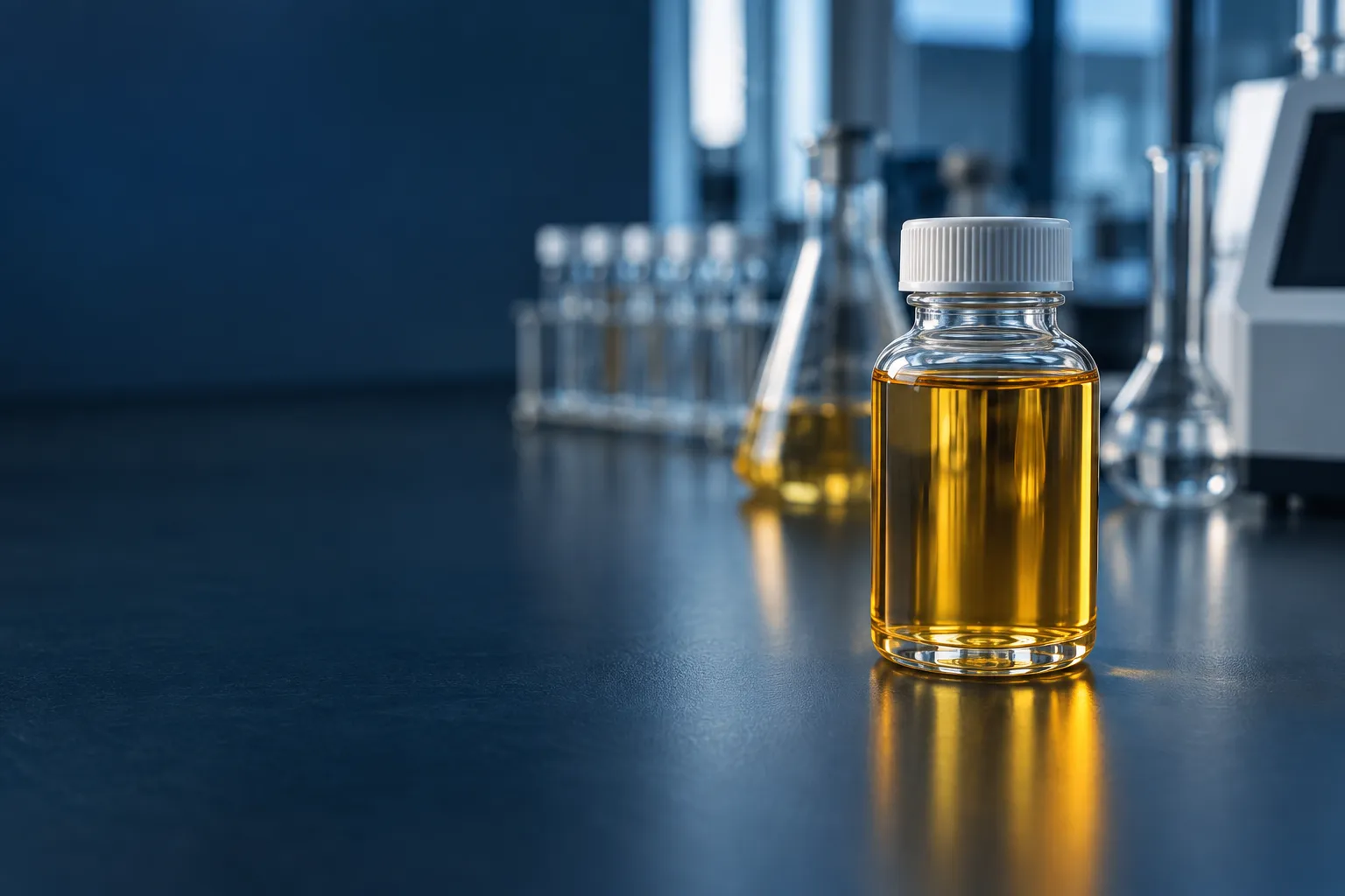 Image conceptuelle d’un échantillon d’huile isolante sur une paillasse de laboratoire